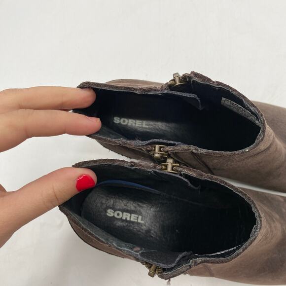 Sorel brown leather chunky heel booties - Picture 7 of 9